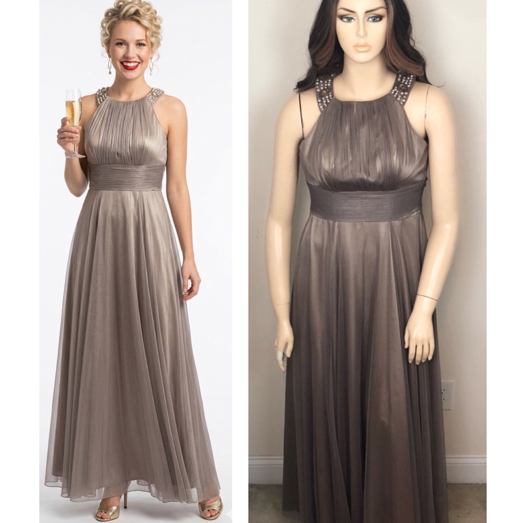 David’s Bridal Cachet Pewter Gold Tan Pearl & Gems Formal Evening Long Dress